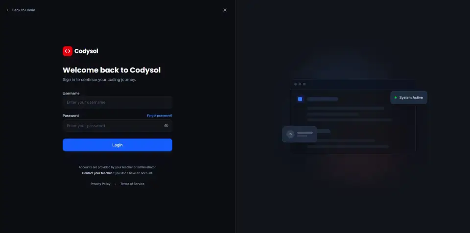 Codysol login screen