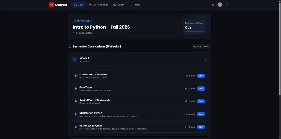 Codysol student dashboard