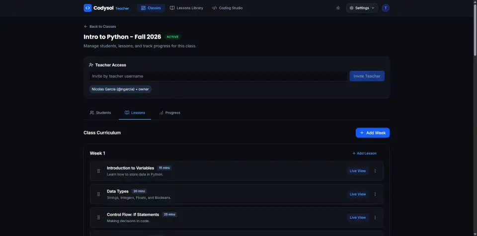 Codysol teacher dashboard